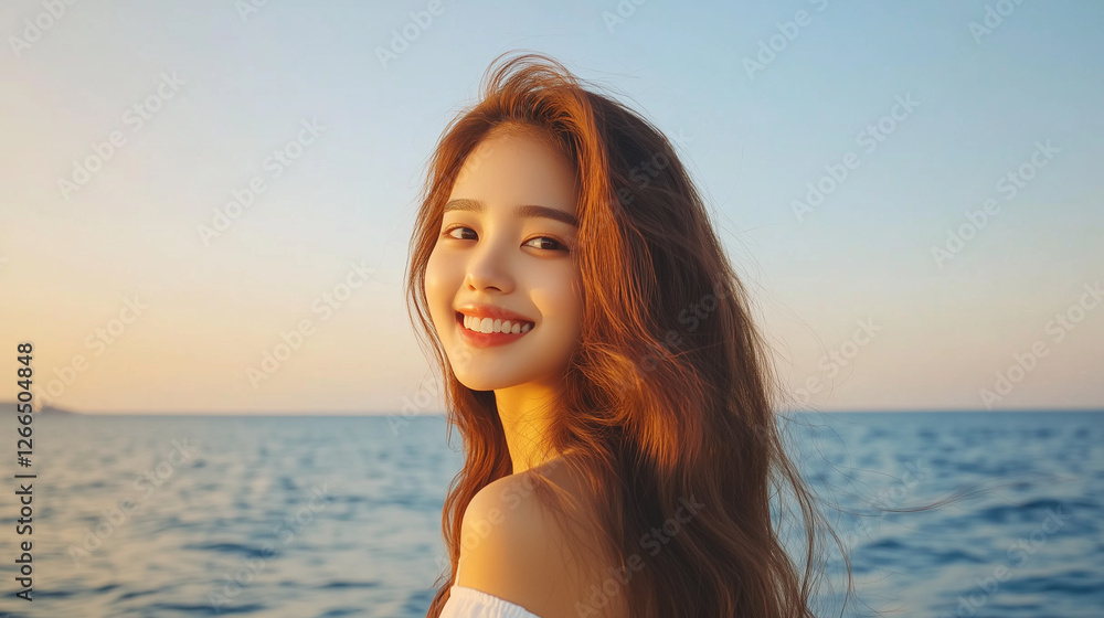 woman with long hair smiles joyfully by ocean at sunset, radiating happiness. woman with long hair smiles joyfully by ocean at sunset, radiating happiness.
