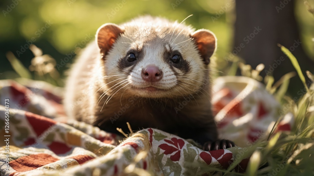 A close-up of a cute ferret on a colorful blanket in a grassy setting. A close-up of a cute ferret on a colorful blanket in a grassy setting.