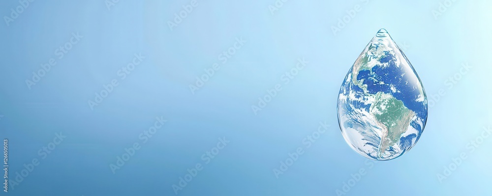 A water droplet displays a miniature Earth, symbolizing the connection between water and our planet's health. A water droplet displays a miniature Earth, symbolizing the connection between water and our planet's health.