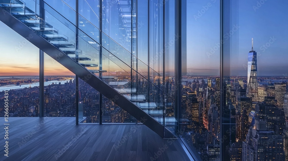 Obraz premium Modern Office Interior With Glass Stairs and City Skyline View