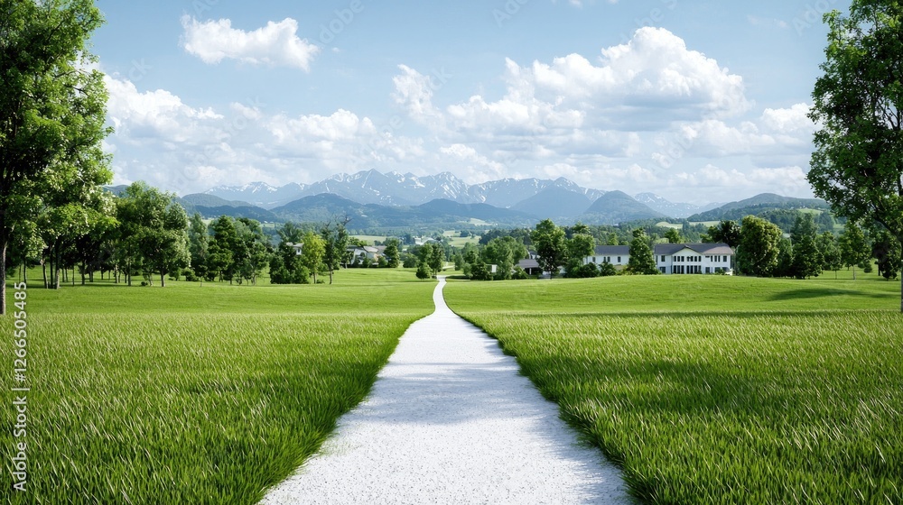 Obraz premium Pathway to mountain valley homes, green field
