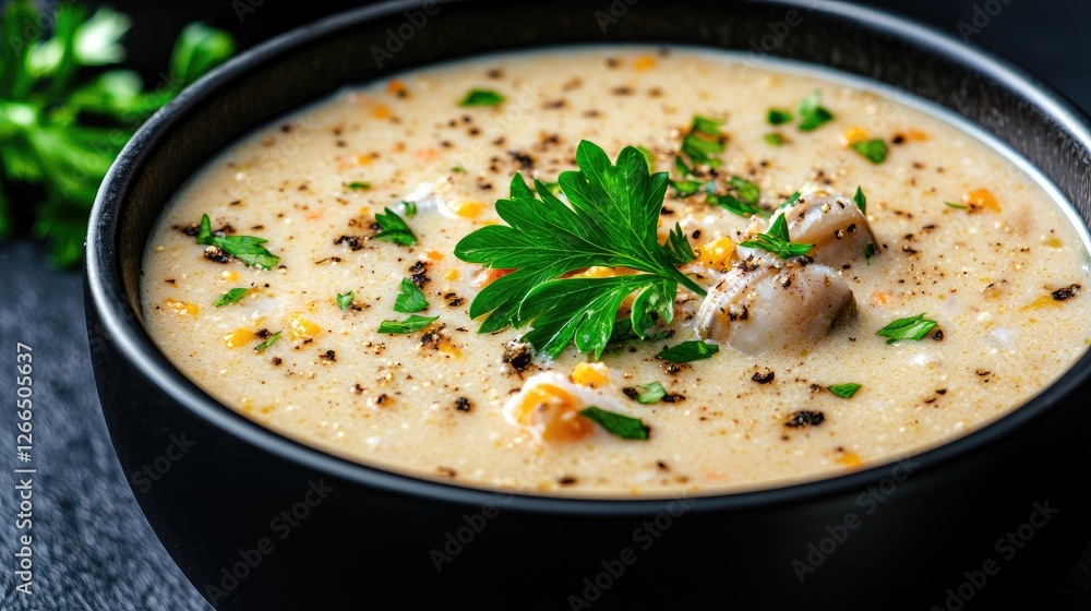 Creamy seafood chowder in black bowl, garnished with parsley Creamy seafood chowder in black bowl, garnished with parsley