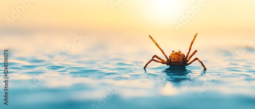 Crab on the water?s surface with sun in the background. Metaphor for overcoming fear photo