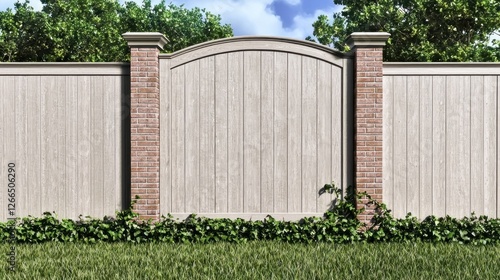 Light Gray Wood Fence with Arch Top Gate in a Yard photo