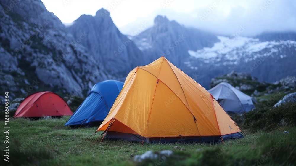 A serene campsite with colorful tents set against a mountainous backdrop. A serene campsite with colorful tents set against a mountainous backdrop.