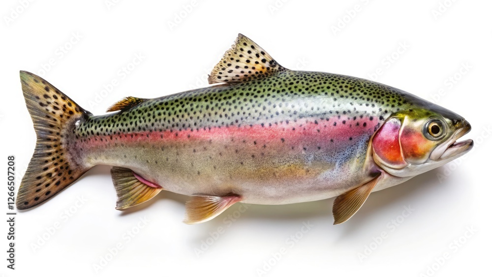 Stunning aerial photography captures a rainbow trout in crisp detail, isolated on white.