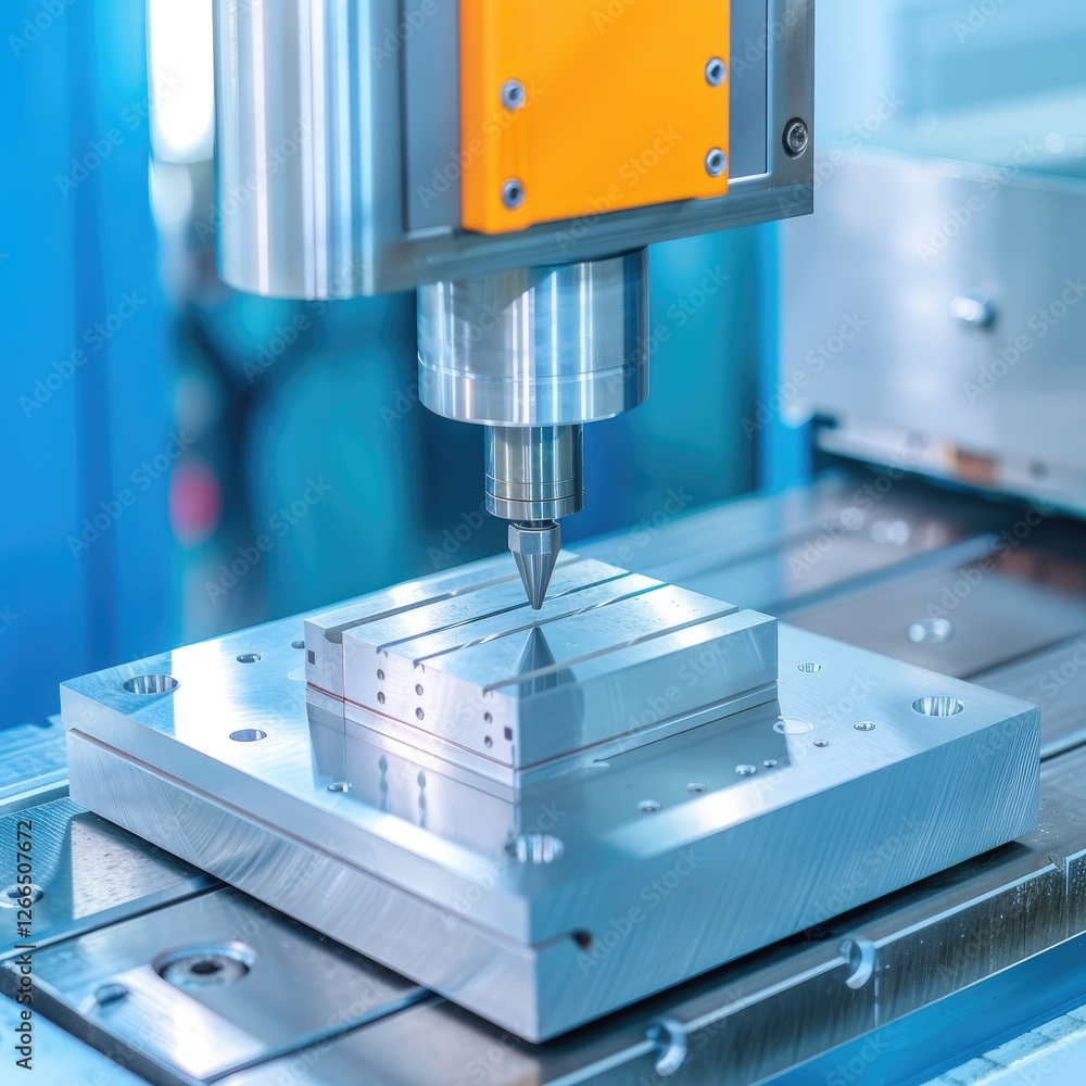 A precision milling machine cutting a metal workpiece, showcasing modern manufacturing technology and industrial automation. A precision milling machine cutting a metal workpiece, showcasing modern manufacturing technology and industrial automation.