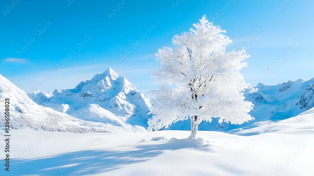 Frosty tree in snowy mountain range winter landscape Frosty tree in snowy mountain range winter landscape
