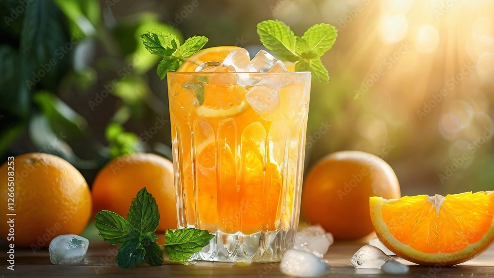 Fototapeta premium Orange Juice with Pulp and Ice Illustration in Vibrant Colors for National Juice Day