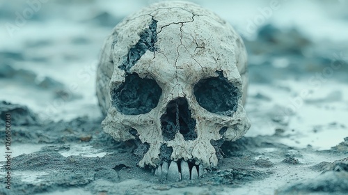 Wallpaper Mural A weathered skull rests on a cracked surface, surrounded by a desolate landscape, evoking decay Torontodigital.ca