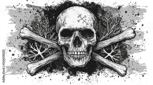 Wallpaper Mural Intricate monochrome skull design with crossed bones and organic elements on a textured background Torontodigital.ca