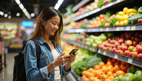 Young Woman Uses Smartphone App While Grocery Shopping in Produce Aisle