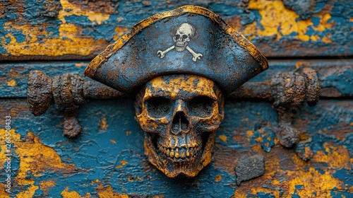 Wallpaper Mural Detailed close-up of a weathered pirate skull sculpture with a hat on a rusty blue surface Torontodigital.ca