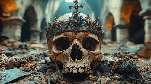 Wallpaper Mural A detailed view of a crowned skull resting on the ground in an ancient, decaying cathedral Torontodigital.ca