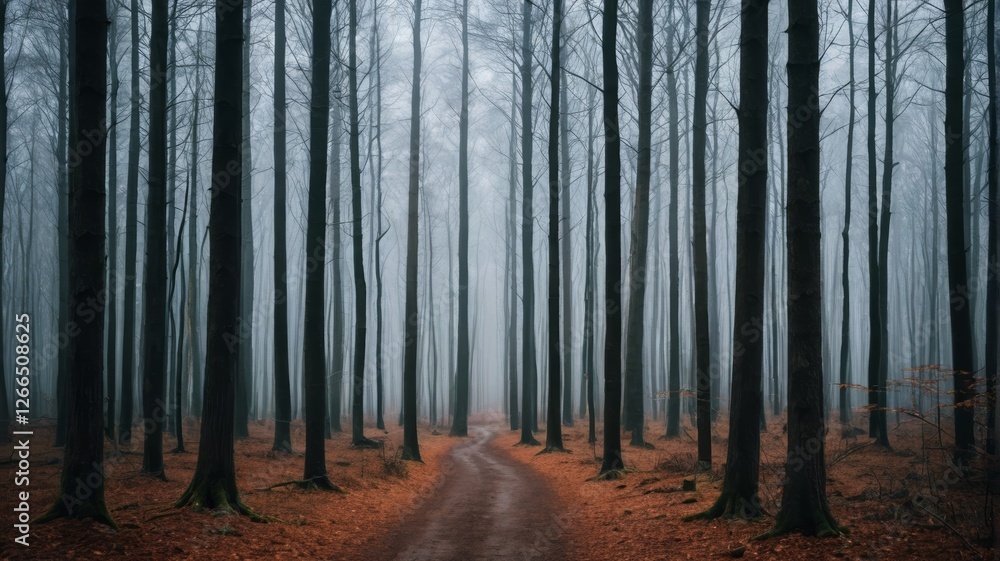 Naklejka premium there is a dirt road that is surrounded by tall trees