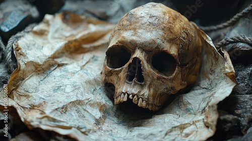 Wallpaper Mural A detailed close-up of an aged human skull resting on crumpled parchment amidst dark textures Torontodigital.ca