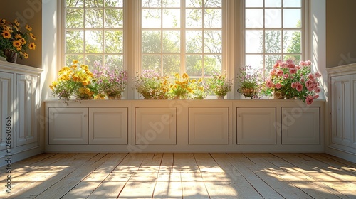 Wallpaper Mural Bright and colorful flower arrangements on windowsill in sunlit room with wooden floor Torontodigital.ca