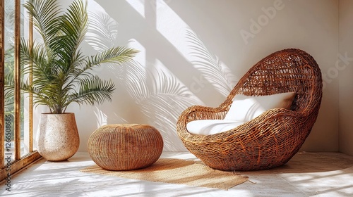 Wallpaper Mural Cozy interior featuring a woven chair and round table beside a potted palm plant in sunlight Torontodigital.ca