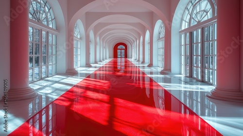 Wallpaper Mural Elegant corridor with a vibrant red carpet leading to large windows, showcasing natural light Torontodigital.ca