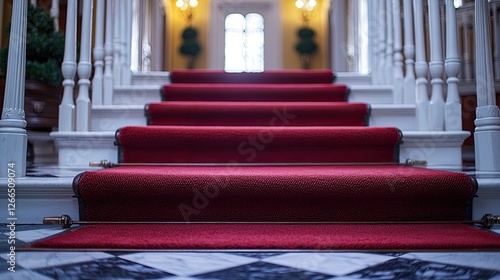 Wallpaper Mural Elegant red carpeted staircase leading to a bright entrance with decorative plants and lighting Torontodigital.ca