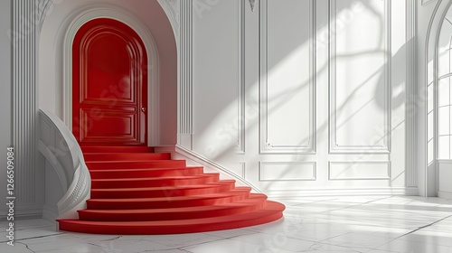 Wallpaper Mural Elegant interior featuring a grand red staircase leading to a striking red door in a bright, airy space Torontodigital.ca