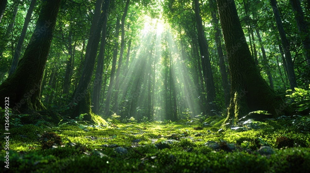 Obraz premium Sunbeams in lush green forest, nature background, peaceful scene, environmental poster