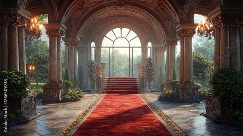 Wallpaper Mural Elegant entrance hall with red carpet leading to grand windows and lush garden view beyond Torontodigital.ca