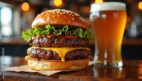 Delicious Double Cheeseburger with Beer at Pub Gourmet Fast Food