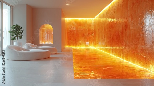 Wallpaper Mural Modern interior design featuring glowing orange wall and reflective floor in a stylish room Torontodigital.ca