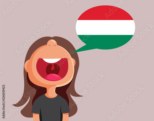 Happy Girl Speaking Hungarian Vector Cartoon Character. Cheerful student learning a foreign language
