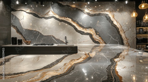 Wallpaper Mural Elegant modern kitchen showcasing stunning marble walls and flooring with unique patterns Torontodigital.ca