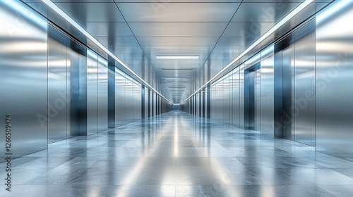 Wallpaper Mural Modern corridor with reflective surfaces and elevator doors, showcasing sleek design and lighting Torontodigital.ca