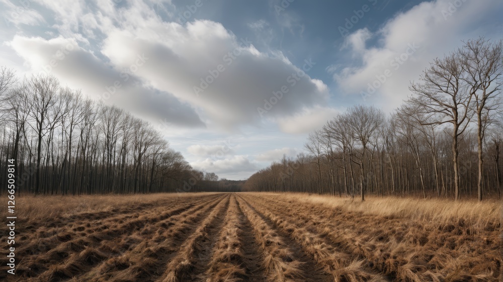 arafed field with a dirt road and trees in the background arafed field with a dirt road and trees in the background