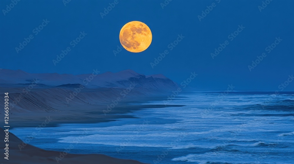 A serene coastal landscape under a large, glowing moon at dusk. A serene coastal landscape under a large, glowing moon at dusk.