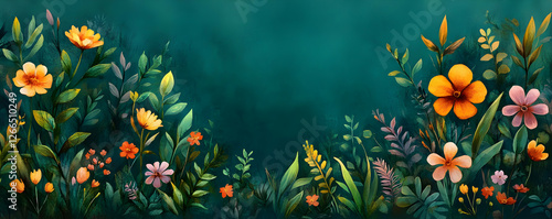 Wallpaper Mural Floral border, teal backdrop Torontodigital.ca