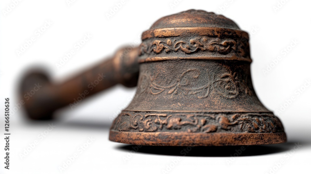 Ornate bronze bell close-up, studio shot, white background, antique Ornate bronze bell close-up, studio shot, white background, antique