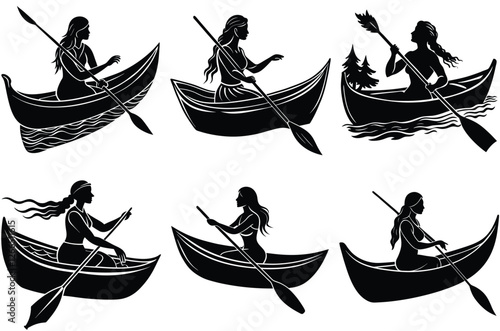 Women Rowing canoe boat Silhouette vector set
