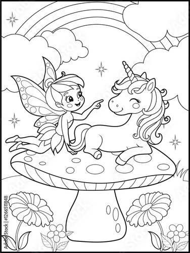 Black and white fairy coloring pages for kids. Children's coloring books with cute cartoon fairy and unicorn characters, fun and educational materials for kindergarten.
