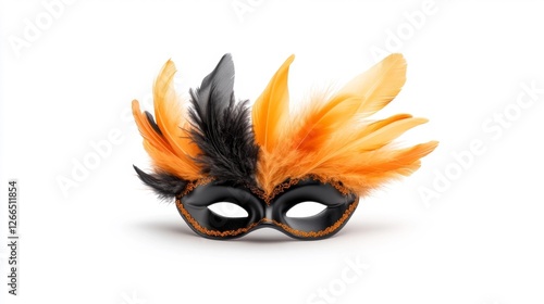 Elegant Black and Orange Feathered Mask with Vibrant Colors. Generative AI