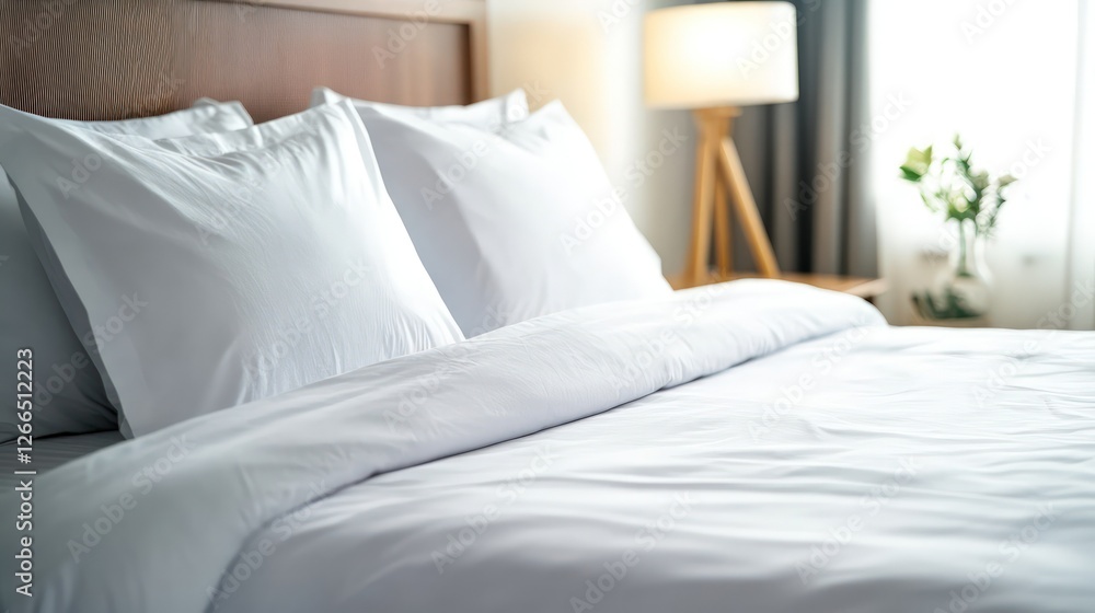 Hotel room, white bedding, sunlight, morning calm, relaxation Hotel room, white bedding, sunlight, morning calm, relaxation