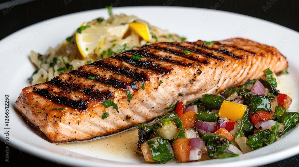 Grilled Salmon with Vegetable Garnish on Plate Grilled Salmon with Vegetable Garnish on Plate