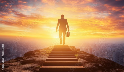 Businessman with case ascends steps toward golden sky, with cityscape beneath, representing success