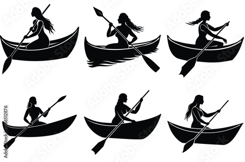 Women Rowing canoe boat Silhouette vector set