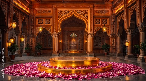 Gold Podium with lotus petals and lanterns in an Indian palace courtyard, royal archway