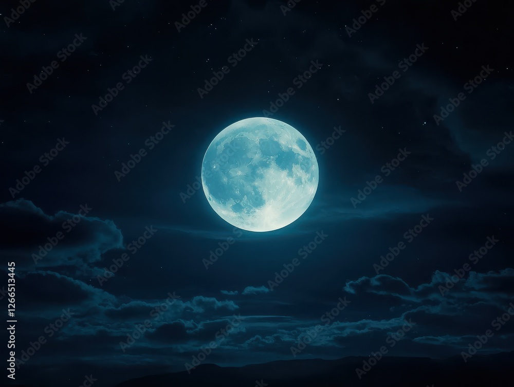 Fototapeta premium Majestic full moon illuminating dark sky with wispy clouds and twinkling stars in a tranquil night landscape