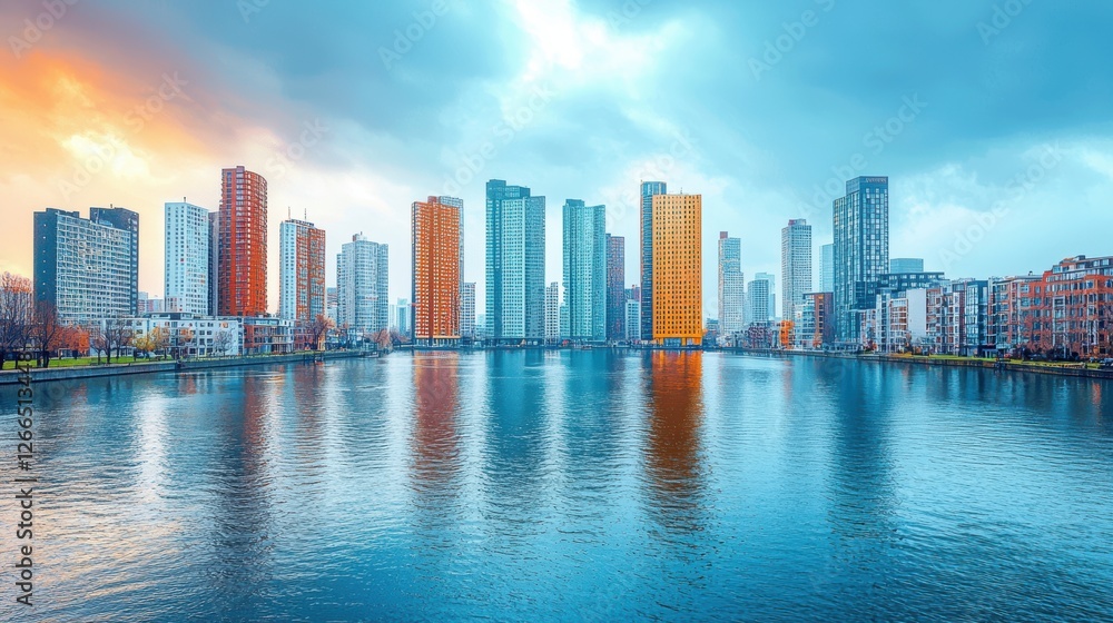 Fototapeta premium A vibrant city skyline reflected in a calm body of water at sunset.
