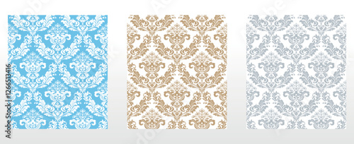 Wallpapers in the style of Baroque.. Set of colored floral ornaments. Seamless vector backgrounds Graphic patterns for fabric, wallpaper, packaging. Ornate Damask flower illustration