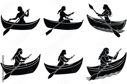 Women Rowing canoe boat Silhouette vector set