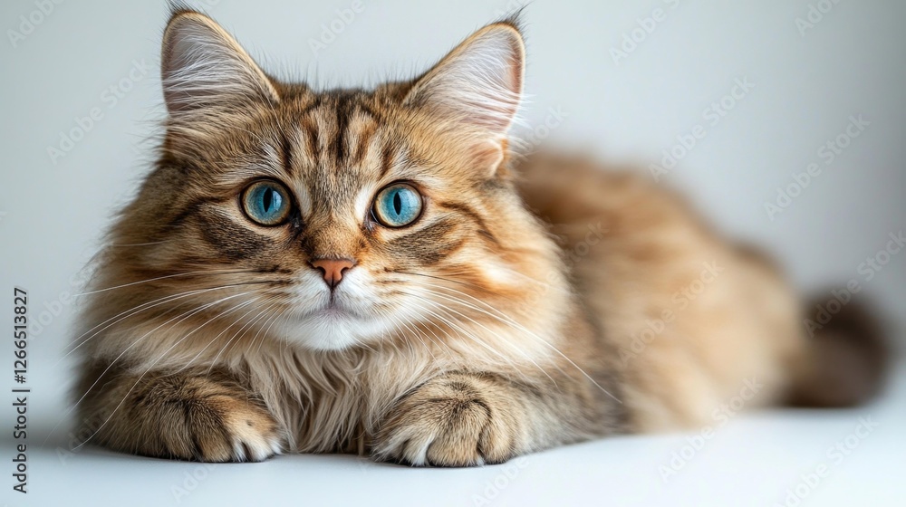 Obraz premium Close-up of a fluffy cat with blue eyes lying on a white surface. Generative AI