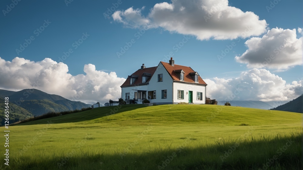 there is a white house on a hill with a red roof there is a white house on a hill with a red roof